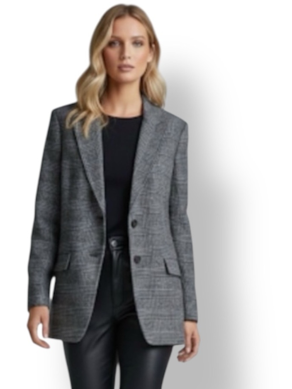 Everlane Wool The Oversized Blazer in Glen Plaid In Grey Black Preppy Size 12